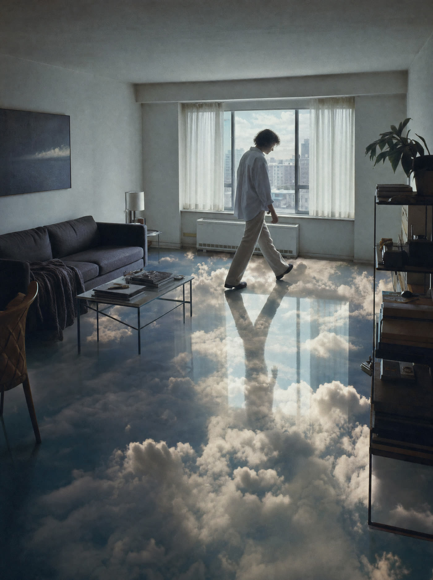 An apartment where the floor is a reflective pool of cloud and sky, furniture standing on it undisturbed