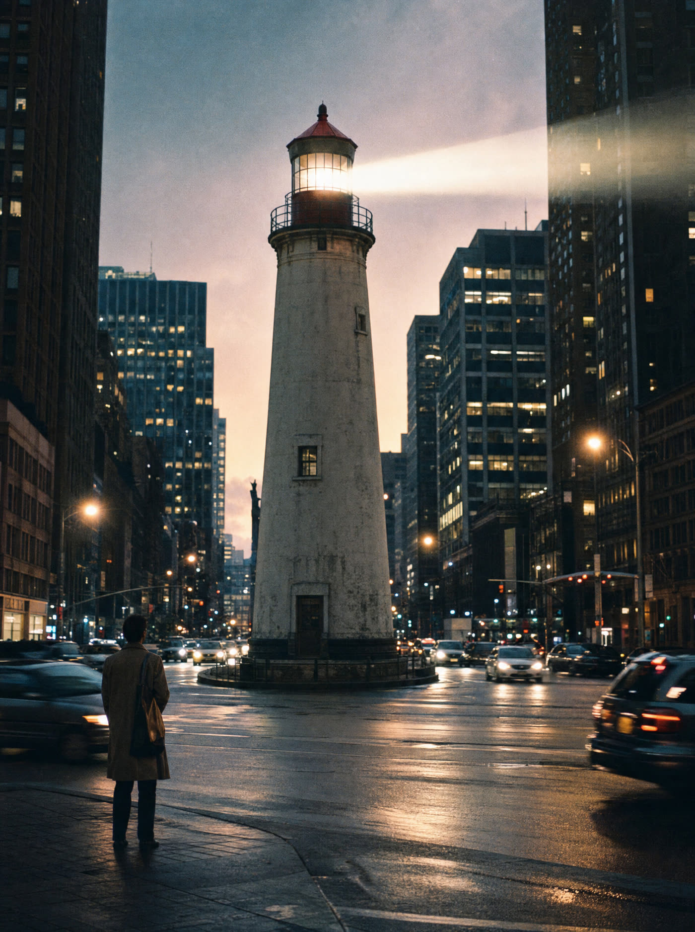 A lighthouse in the middle of a city intersection, beam sweeping the office towers at dusk