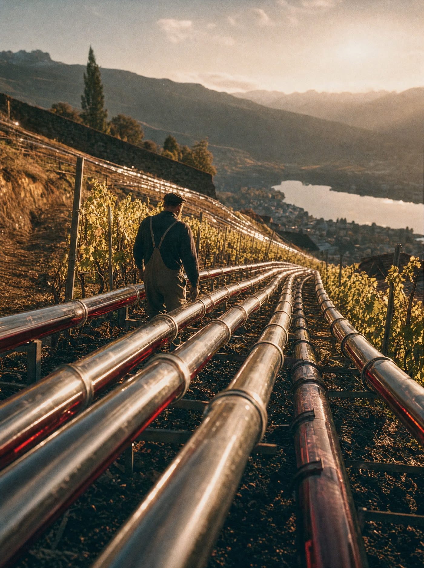 A hillside vineyard where the vine rows are glass tubes carrying red wine downhill