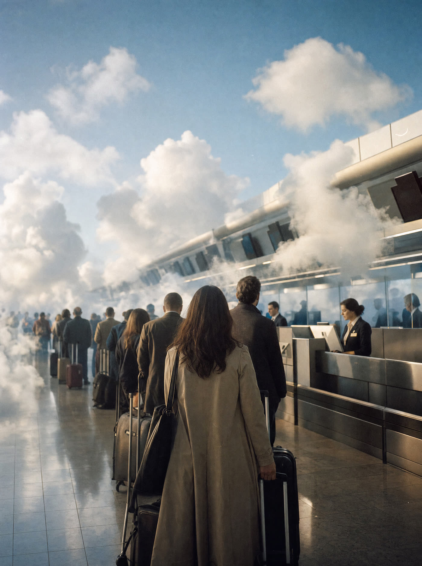 An airport departure hall open to the sky, clouds drifting between the check-in desks
