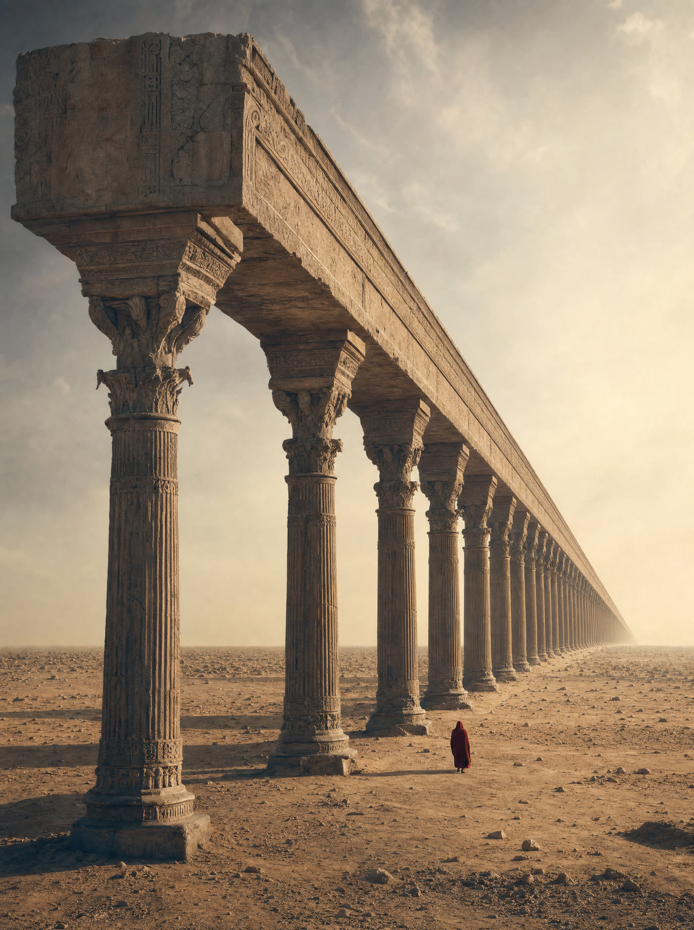 A colossal stone colonnade holding an impossibly long slab above a desert plain, a lone figure in red walking beneath