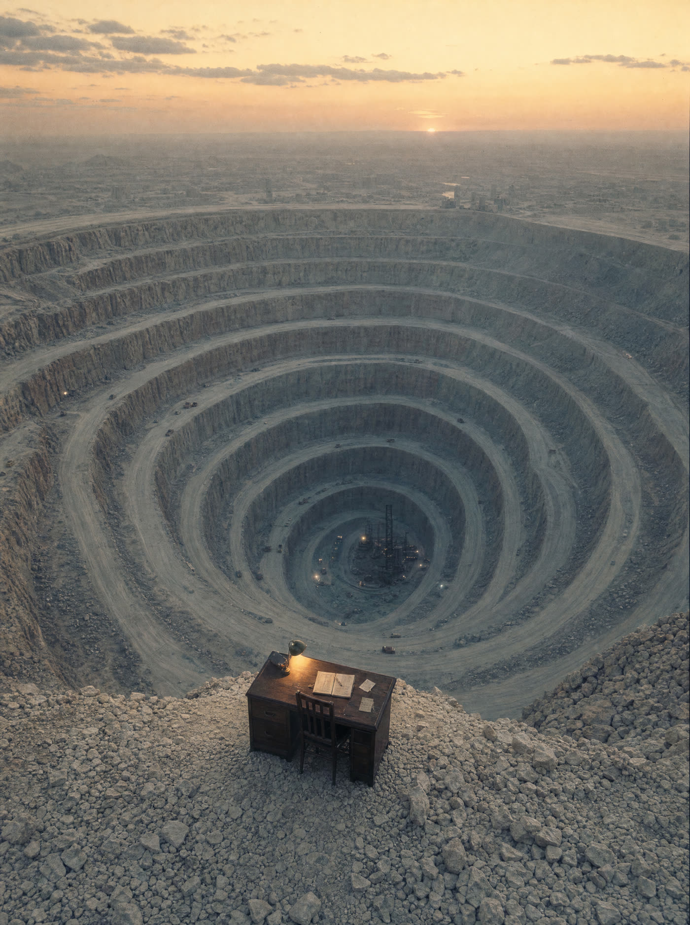 A city-sized quarry cut in concentric rings into a gravel desert, a small lit desk sitting at the rim