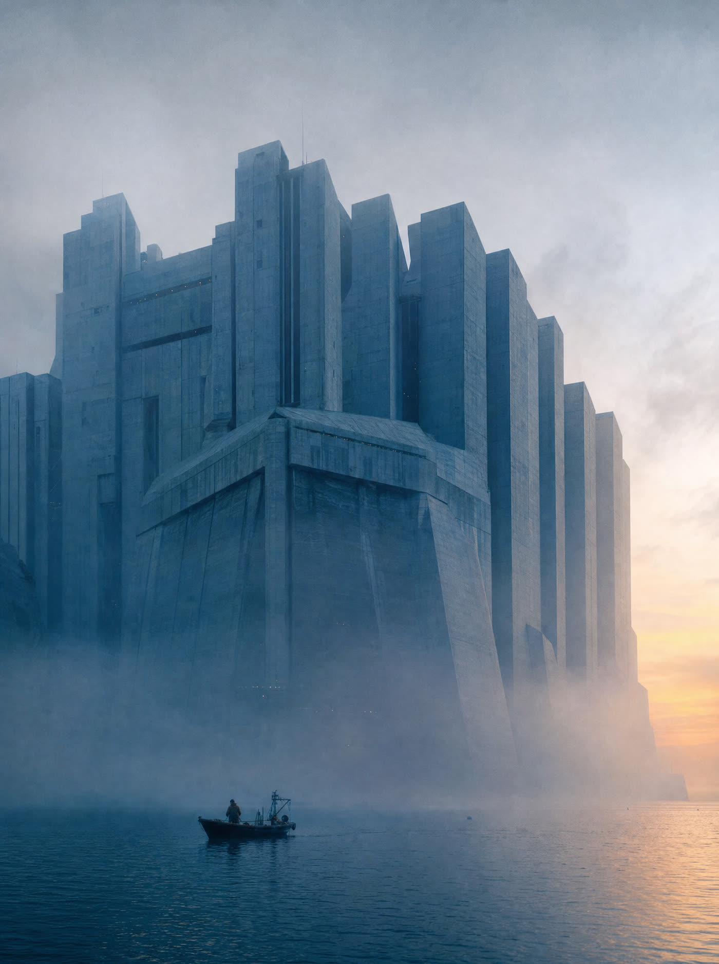 A brutalist megastructure the size of a mountain range rising out of sea mist at dawn, a fishing boat below
