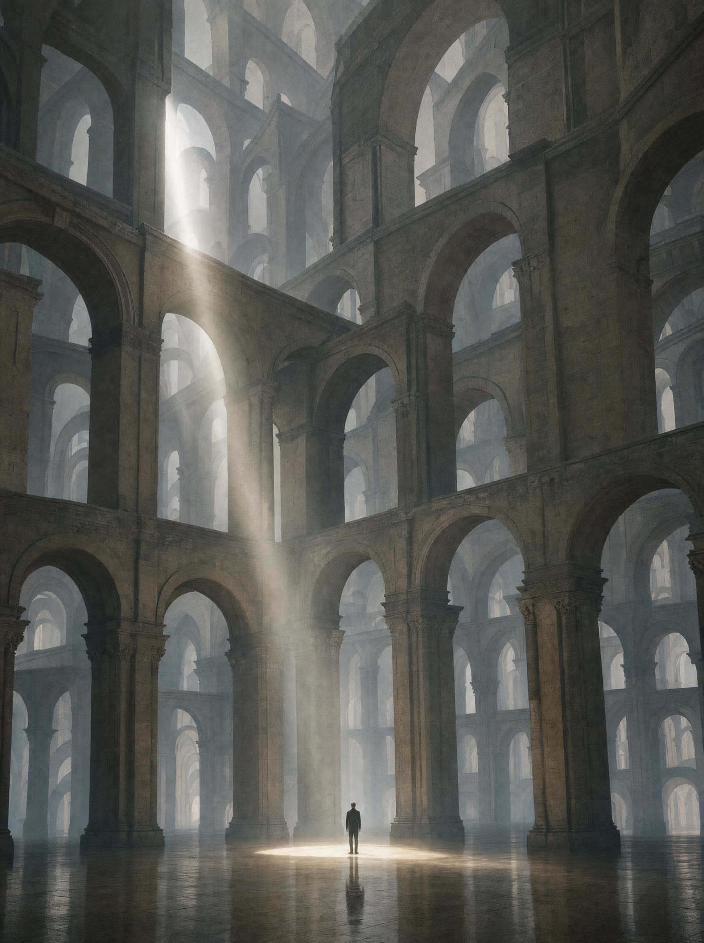 The interior of an impossible cathedral, thousands of arches receding into fog, one figure in a shaft of light