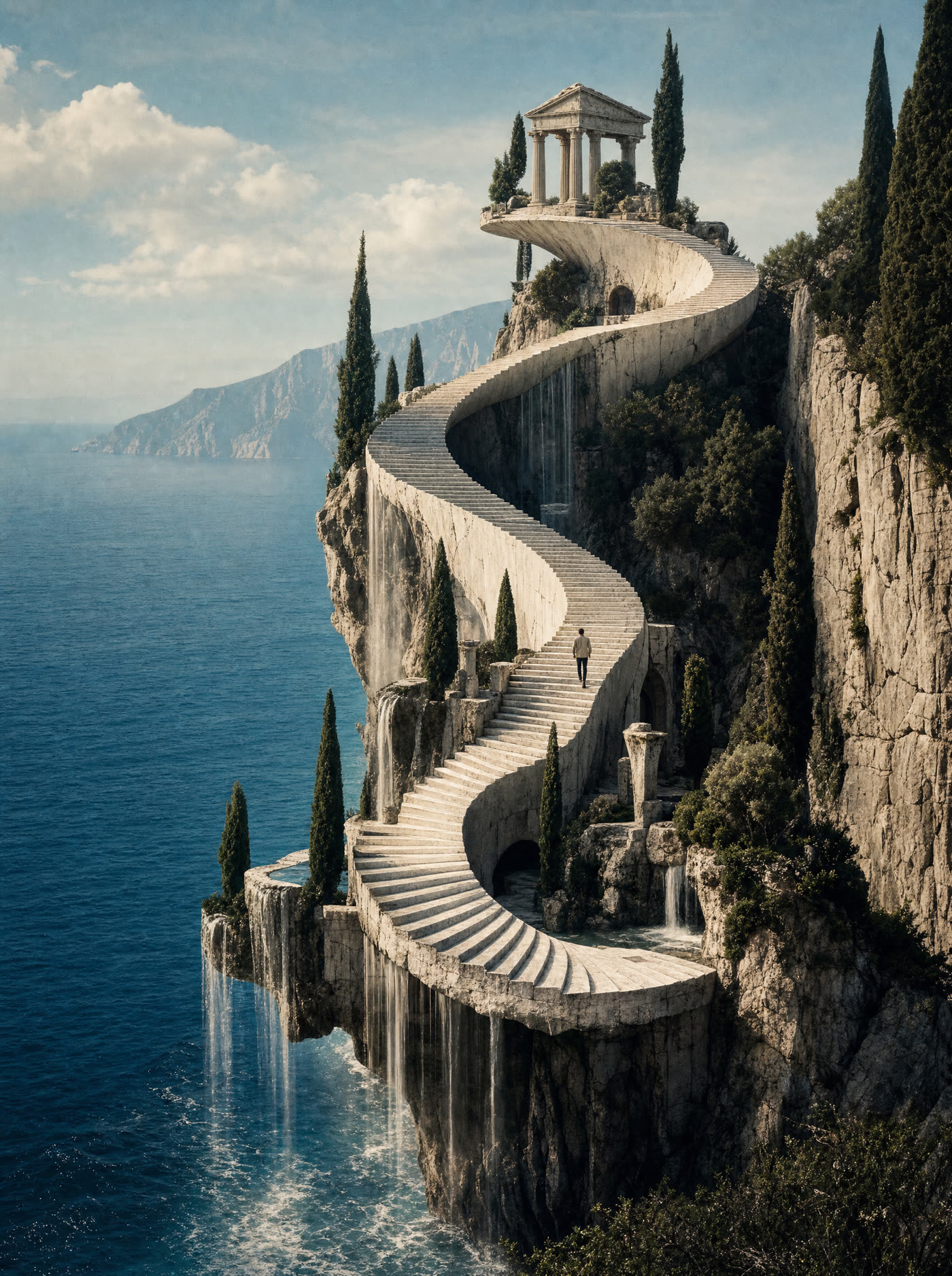 A marble staircase spiralling out of a sea cliff over deep water, cypress trees and waterfalls on its edges