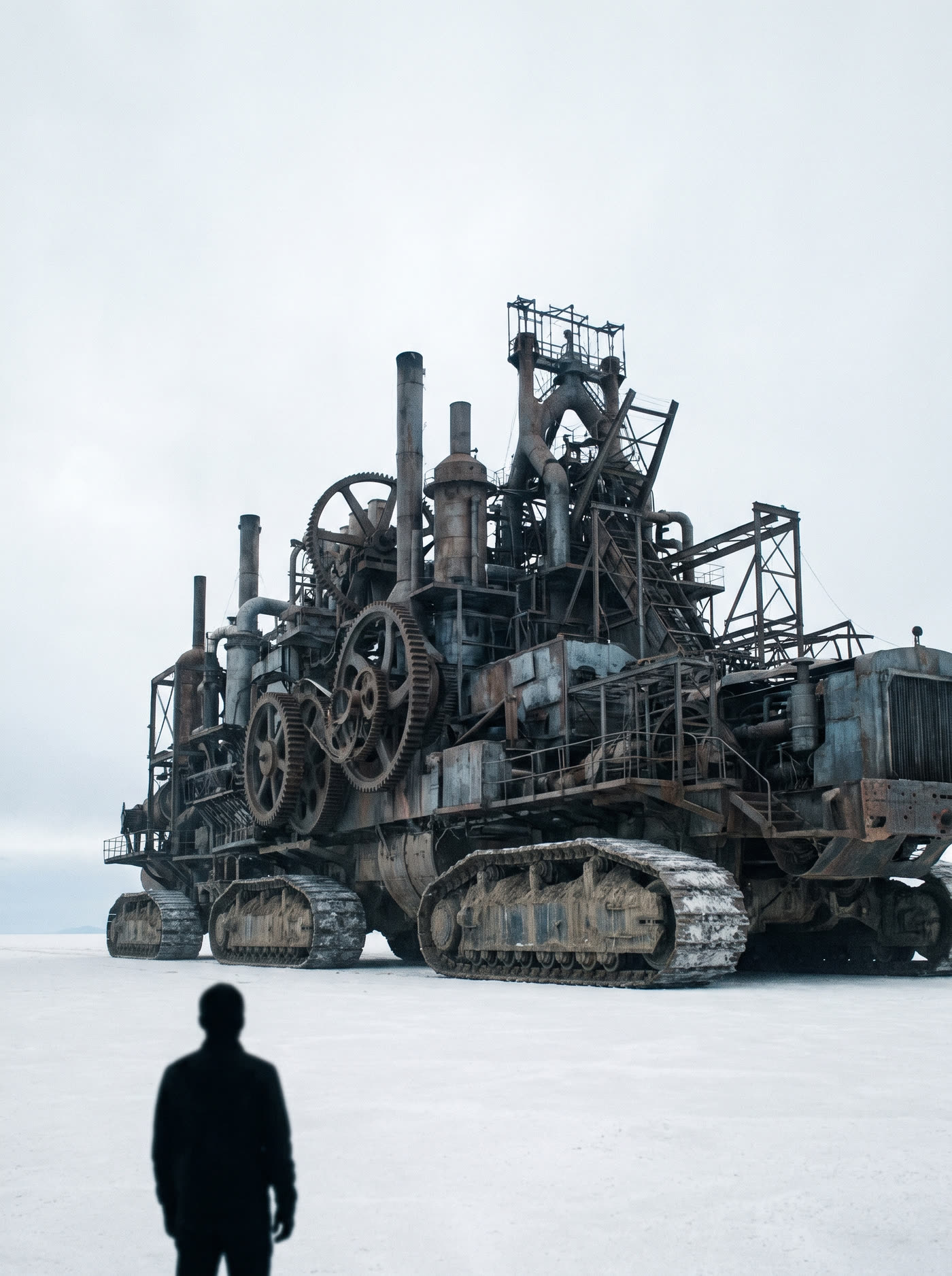 A vast machine-city on hundreds of tank treads crossing a white salt flat, a small figure watching