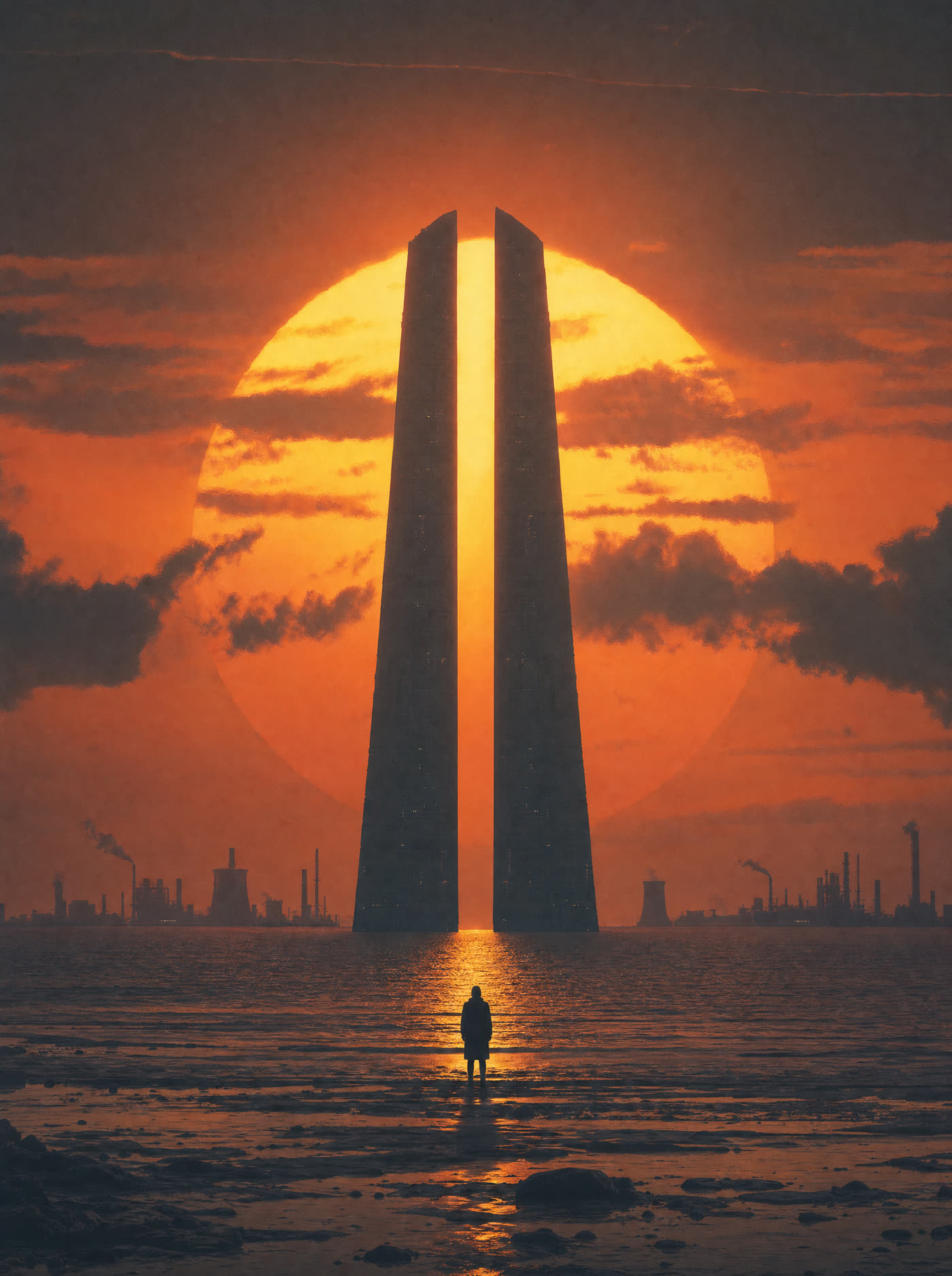 Two monolithic towers splitting an enormous setting sun over an industrial sea, a lone figure on the shore