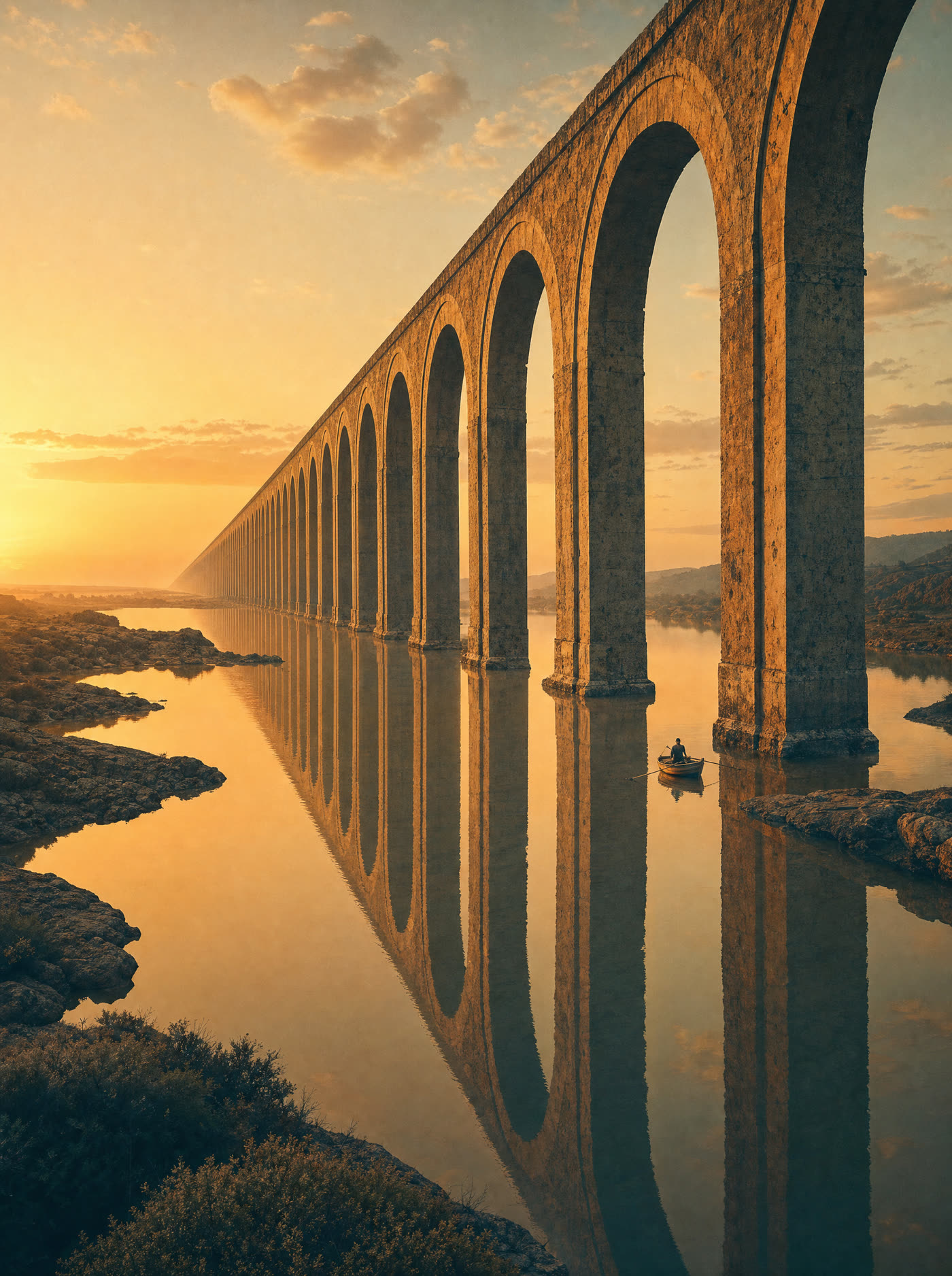 An aqueduct of impossible length striding across a flooded valley at golden hour, a rowing boat beneath one arch