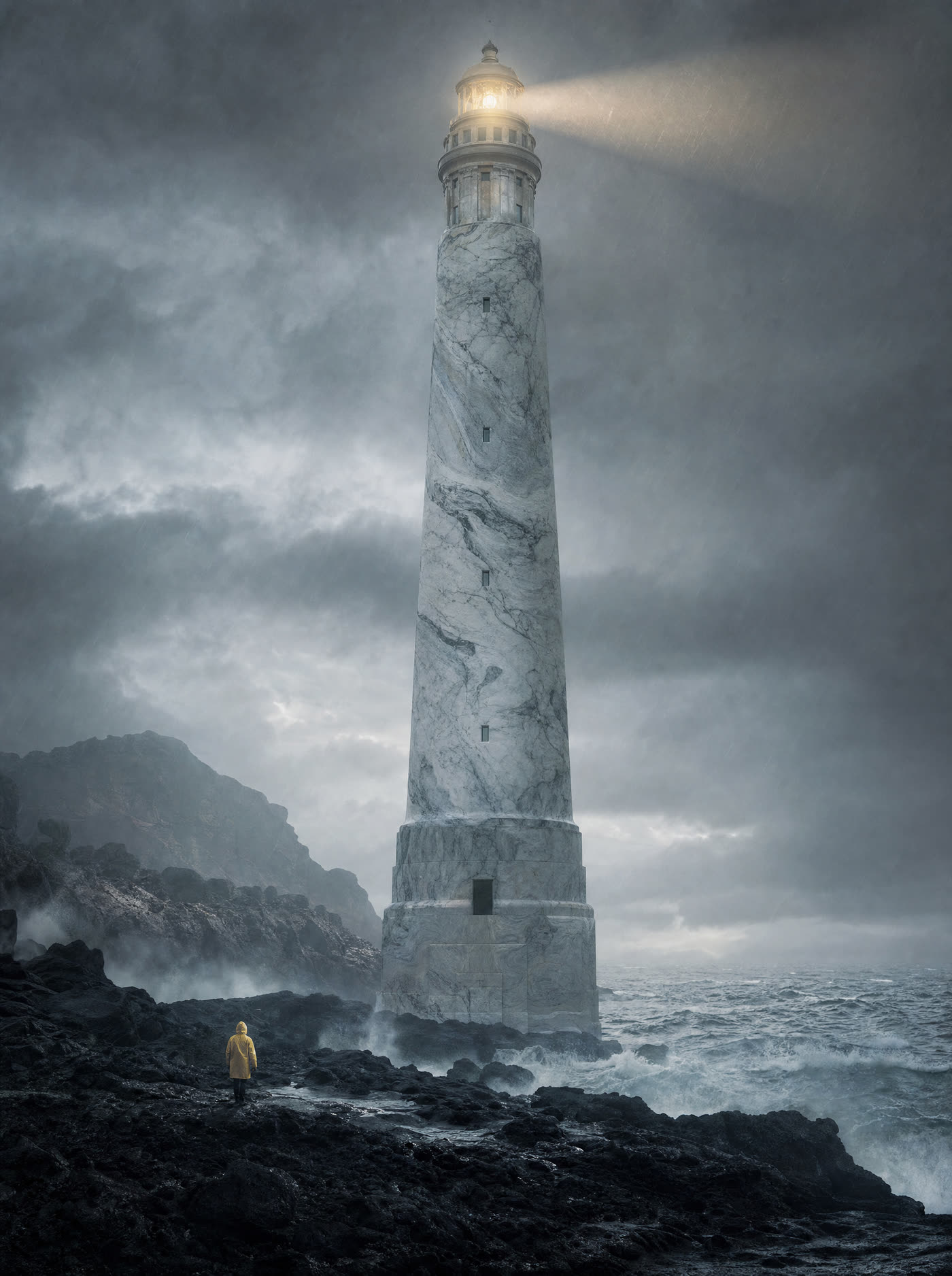 A lighthouse the size of a skyscraper carved from one piece of marble on a black volcanic shore in heavy rain