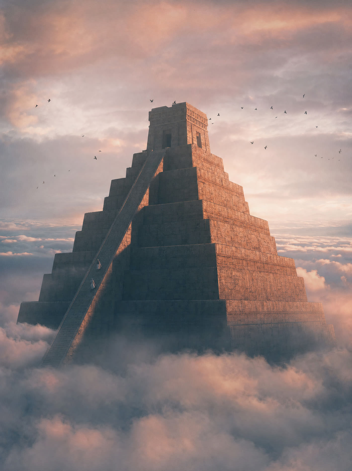 A stepped ziggurat rising out of a sea of white cloud at dawn, two tiny figures climbing the visible stairs