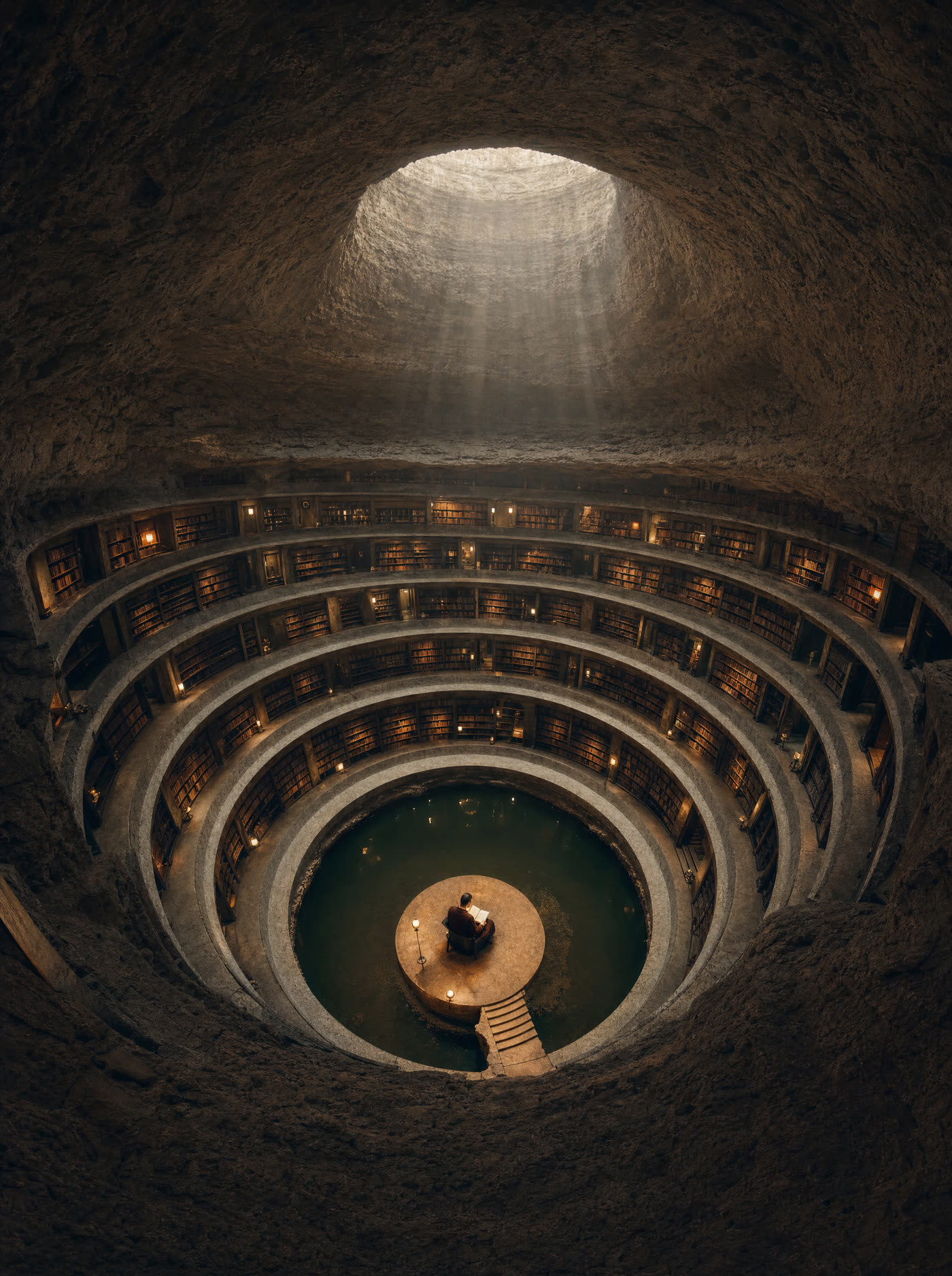 A circular library carved into a crater in concentric terraces, one reader at the lowest level under an oculus
