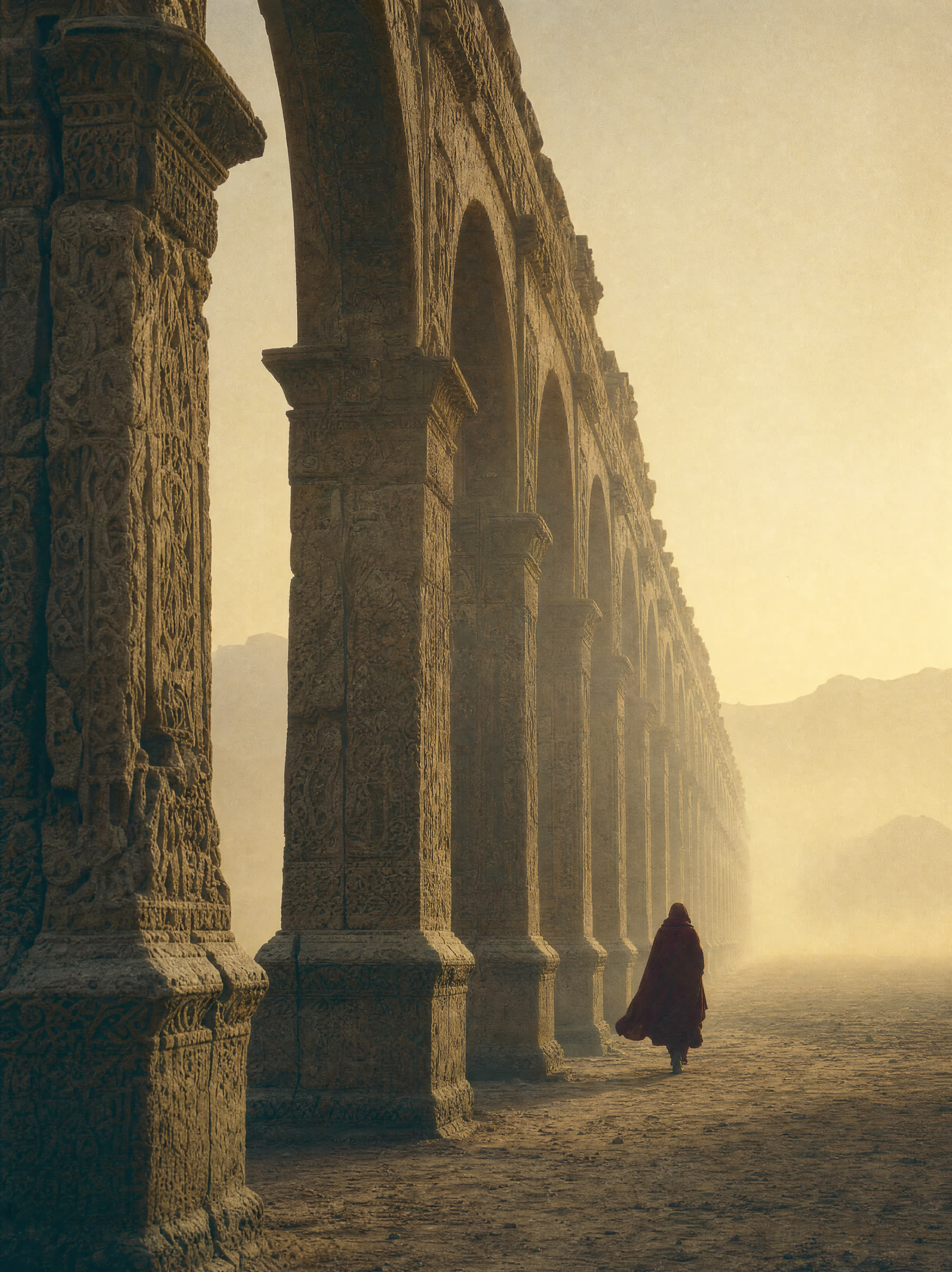 An endless colonnade of colossal stone arches receding into gold dust haze, a figure in red beneath