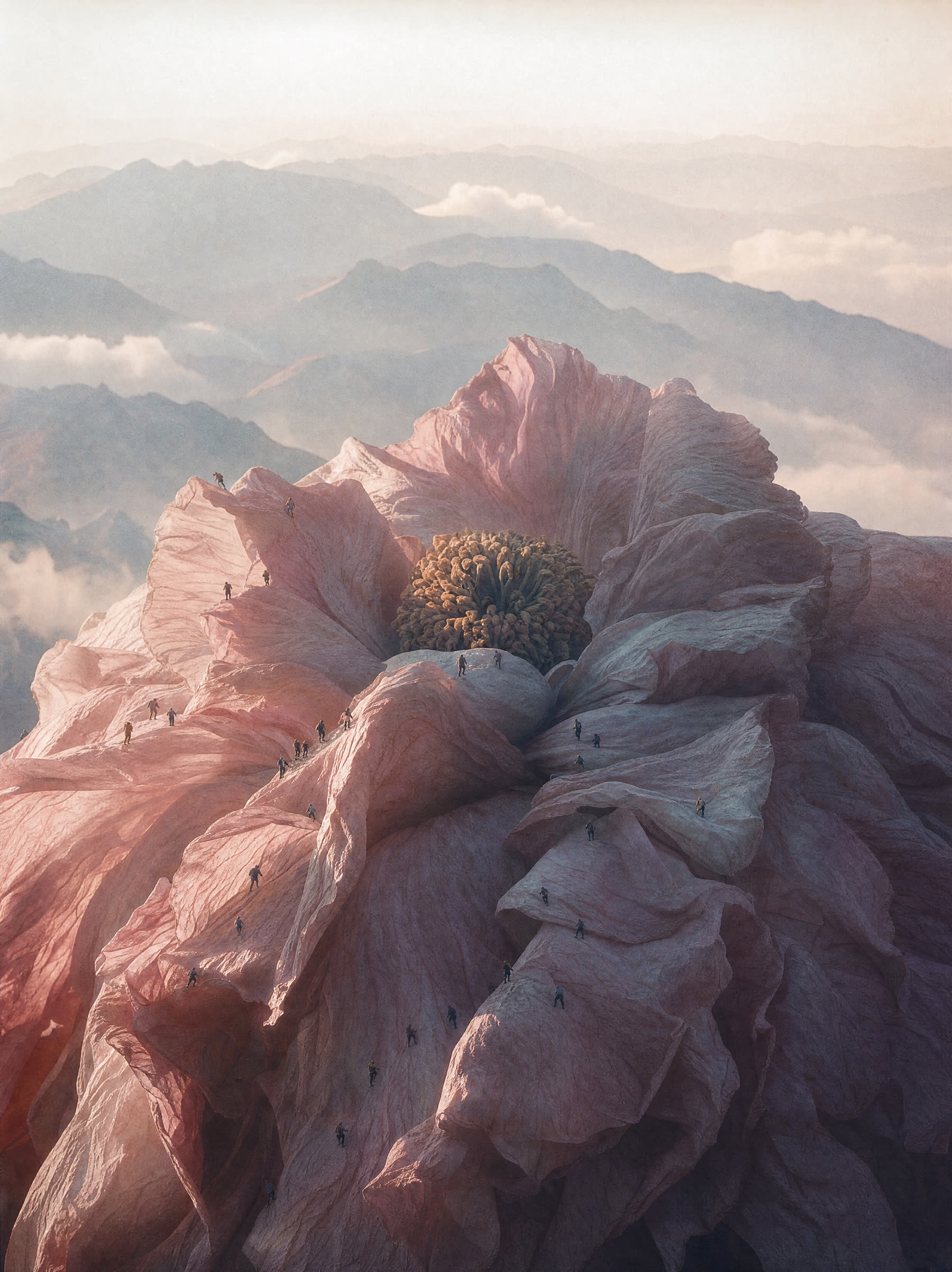 A flower the size of a mountain range, climbers spread across its folds, ridges receding into haze