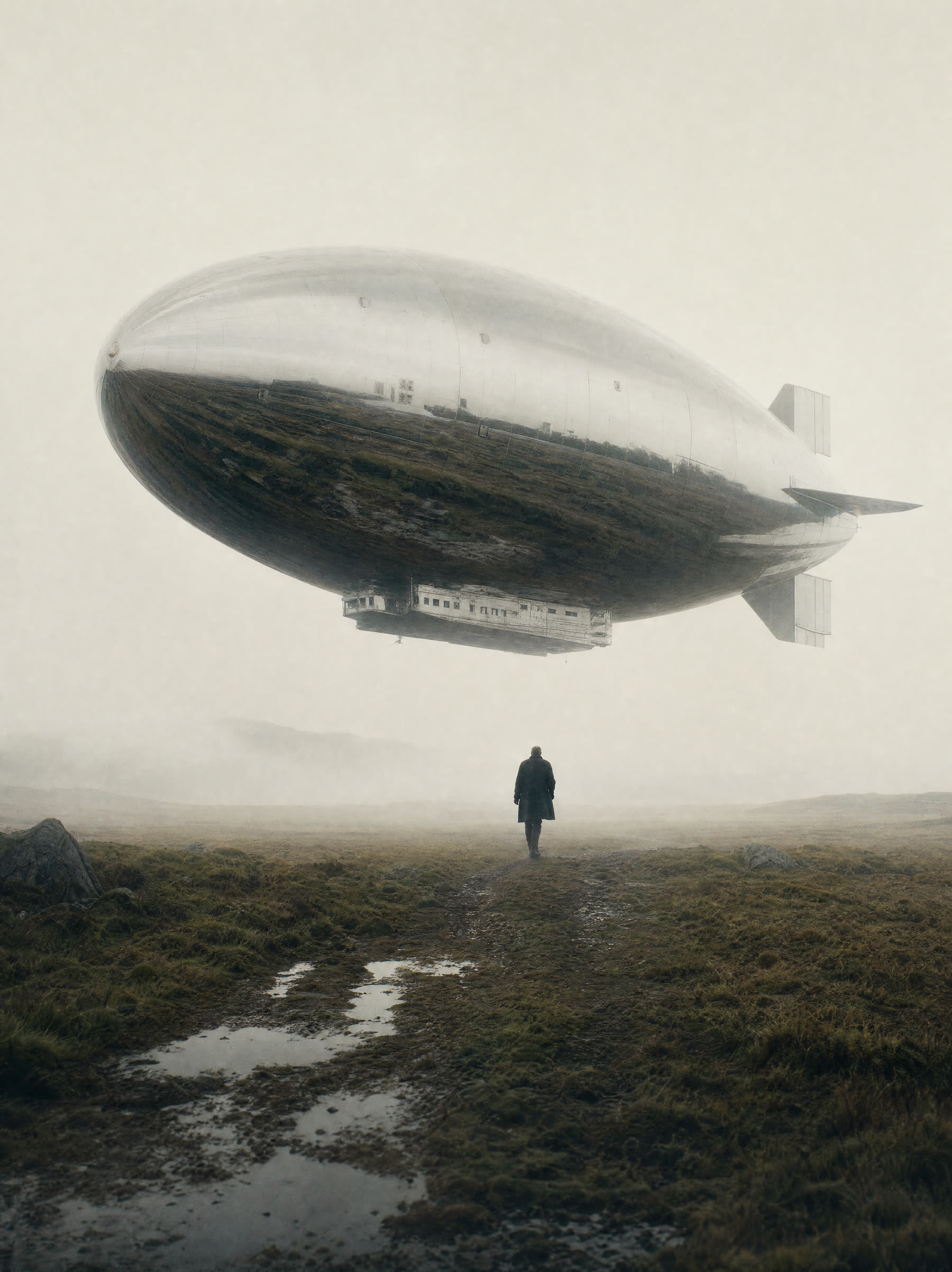 A mirror-polished silver airship hovering low over empty moorland in flat white fog