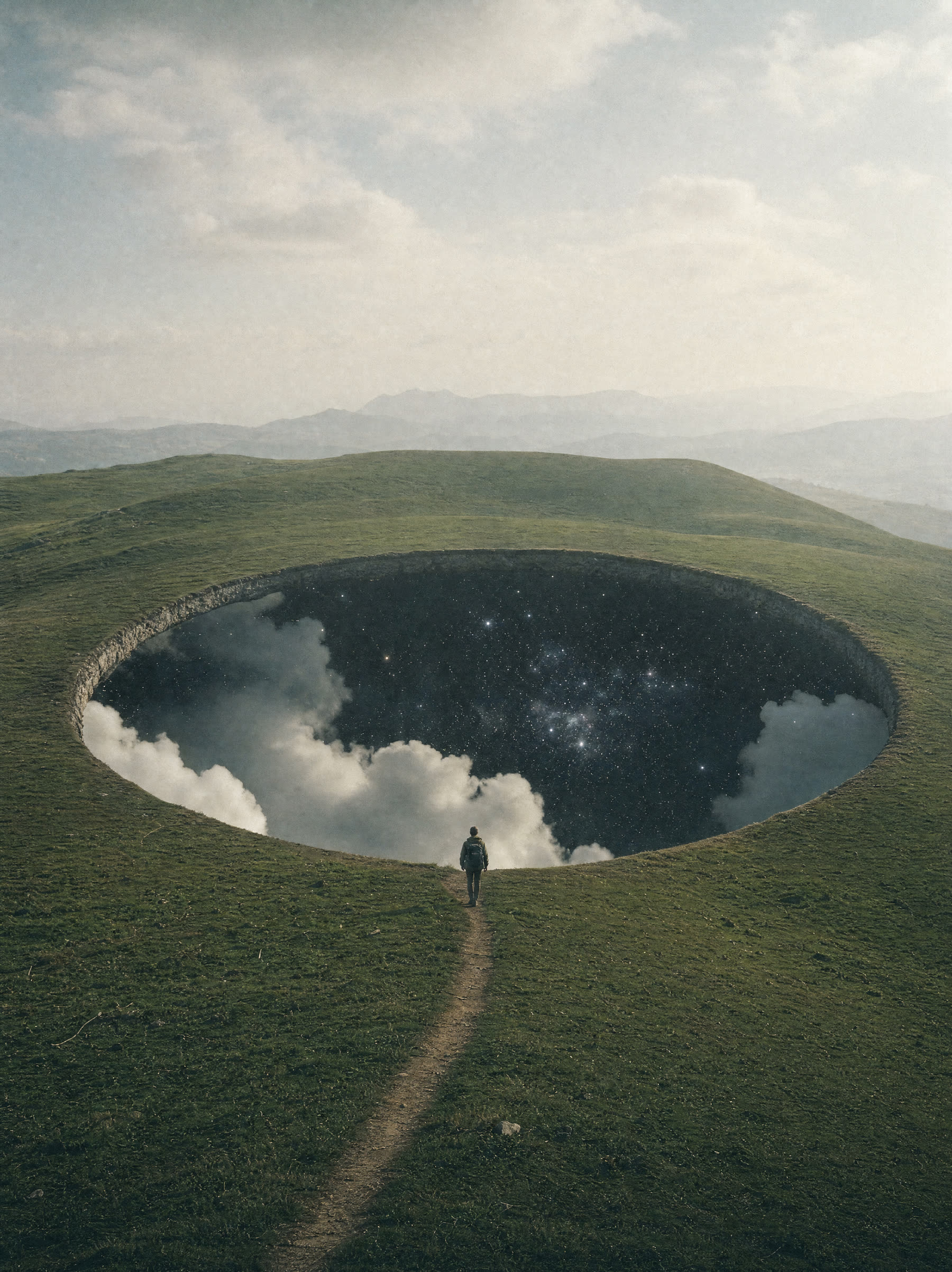 A circular opening in grassland revealing a starfield beneath, a footpath leading to its lip