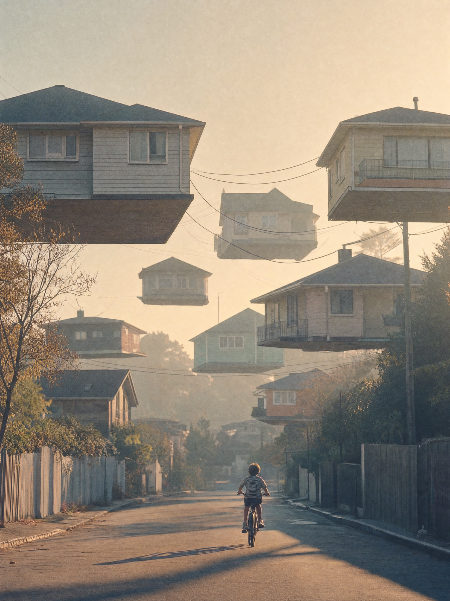 A suburban street of houses hovering at staggered heights, power lines still strung between them