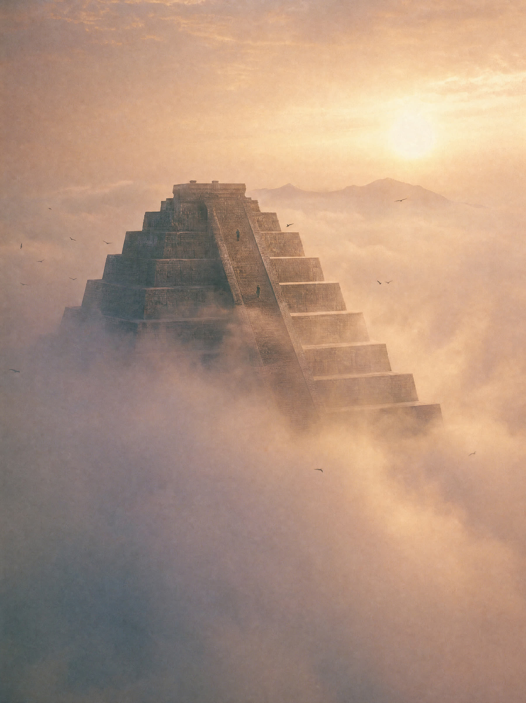 A stepped stone pyramid rising out of a sea of low cloud at dawn, two figures on the visible steps