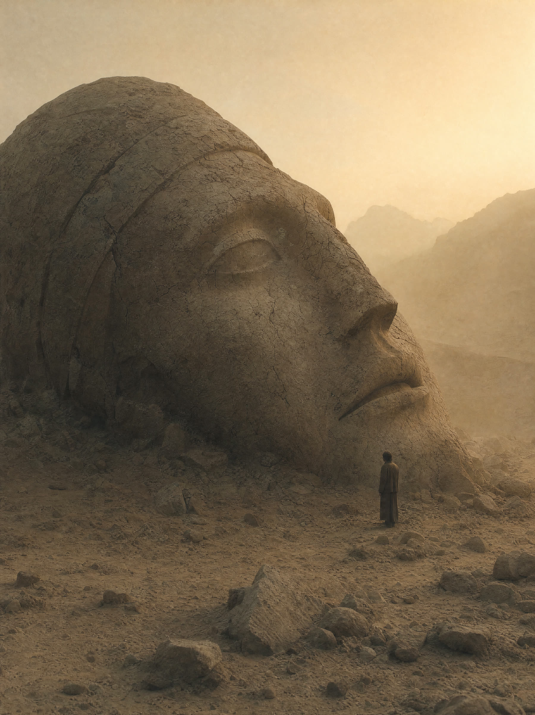 A colossal ancient stone head half-buried in a dust plain, one traveller standing at its jaw