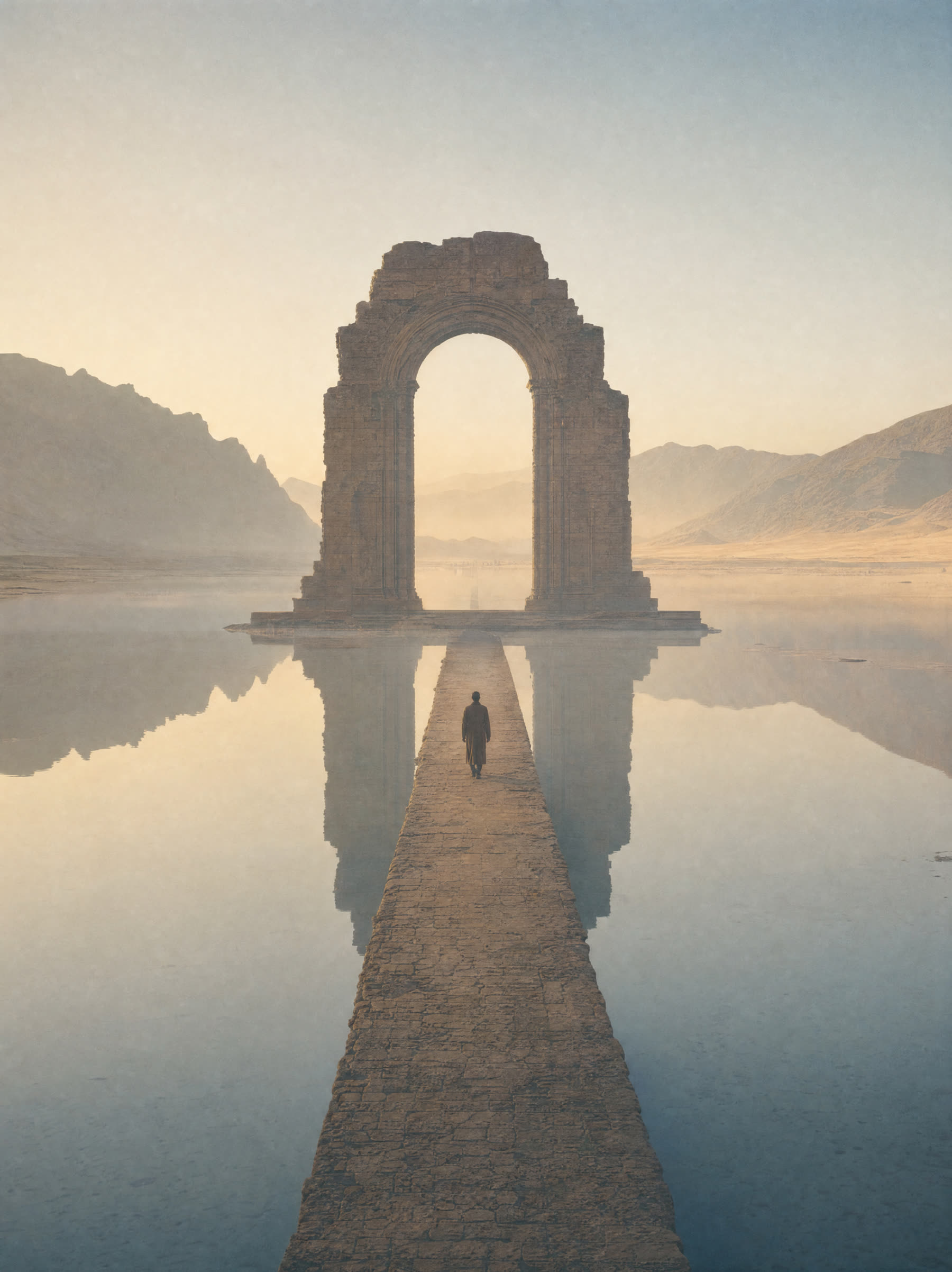 A ruined archway mirrored in a vast still desert basin, one figure walking the causeway toward it