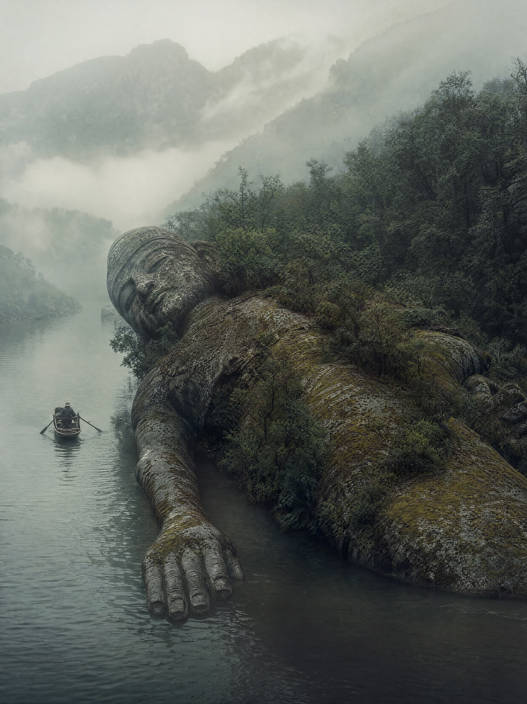 A giant fallen statue lying across a misty river, moss and trees along its length, a boat rowing past