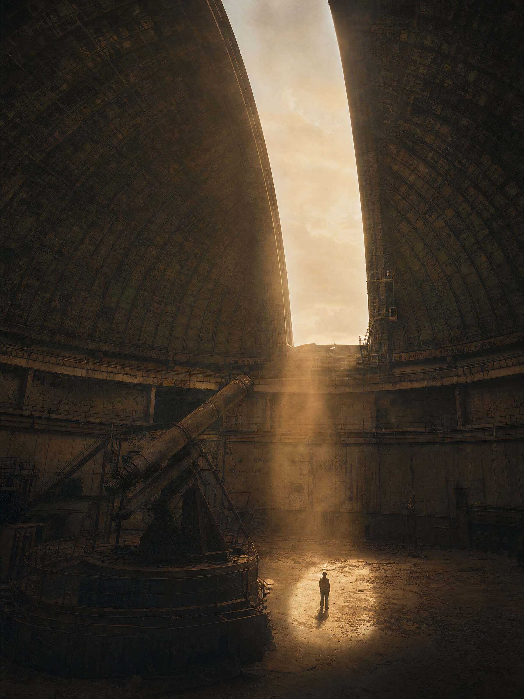 An abandoned observatory dome the size of a hill, one figure in the shaft of dusty light below